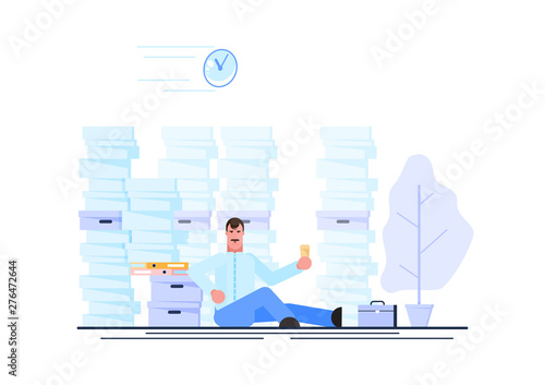 Business man is resting at his workplace desk during working hours with the piles of paper document around. Procrastinating and wasting time concept. Vector illustration. - Vector