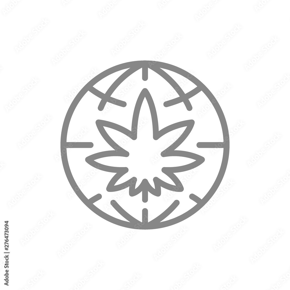 Cannabis leaf with globe line icon. World cannabis day symbol and sign Cannabis leaf with globe line icon. World cannabis day symbol and sign