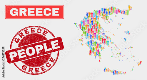 Demographic Greece map abstraction. People bright mosaic Greece map of crowd, and red rounded corroded stamp. Vector composition for population public representation.