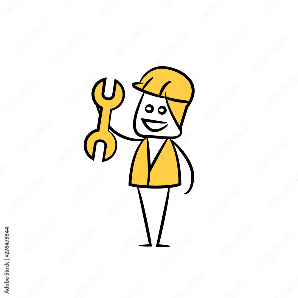 service man or engineer holding wrench , doodle stick figure design