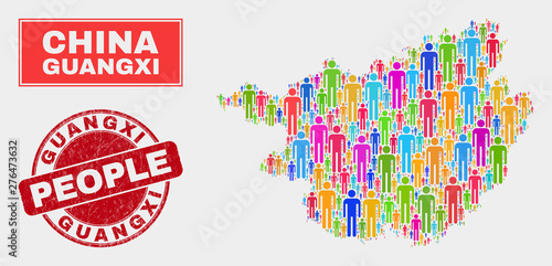 Demographic Guangxi Province map abstraction. People bright mosaic Guangxi Province map of guys, and red rounded corroded watermark. Vector collage for nation community representation.