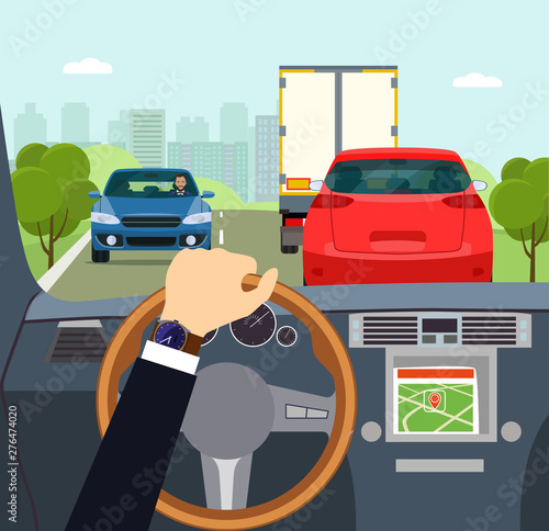 The driver is going to overtake on a suburban highway. View from inside the car cabin. Vector flat style illustration.