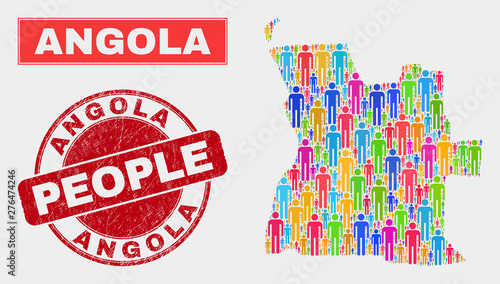Demographic Angola map abstraction. People bright mosaic Angola map of guys, and red round dirty watermark. Vector combination for population public representation.