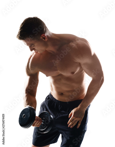 Strong  fit and sporty bodybuilder man over white background.