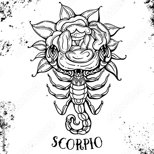 Beautiful line art filigree zodiac symbol. Black sign on vintage background. Vector clipart.Elegant jewelry tattoo. Scorpio