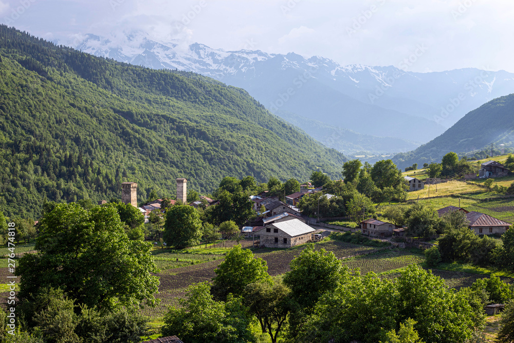 Svaneti landscape with svan towers - travel to mountain region of Georgia 