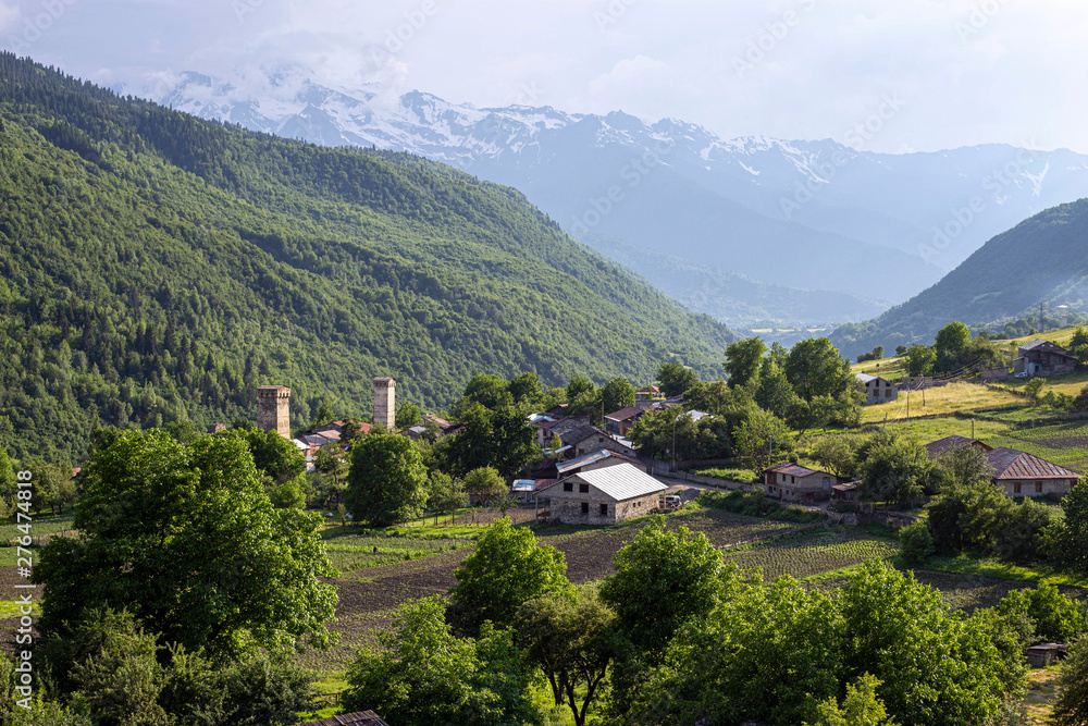 Obraz premium Svaneti landscape with svan towers - travel to mountain region of Georgia