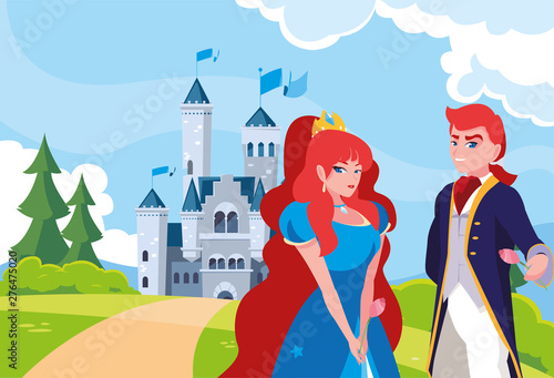 princess and prince with castle fairytale in landscape