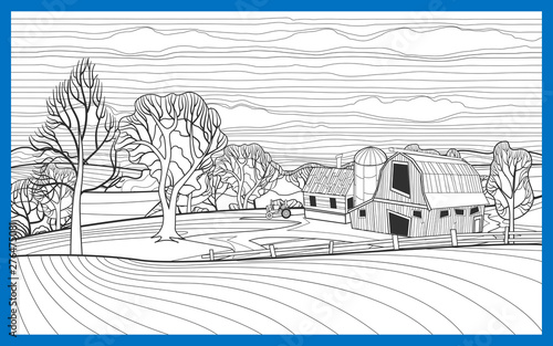 adult coloring page. landscape hills with farm and barn