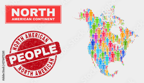 Demographic North America v2 map abstraction. People bright mosaic North America v2 map of humans, and red rounded textured stamp seal. Vector composition for population mass plan.