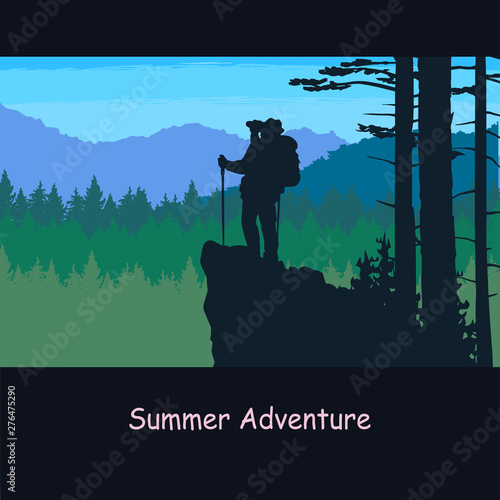 Silhouettes of traveler with backpacks in the forest. Mountain landscape. hiking, trekking, backpacking.