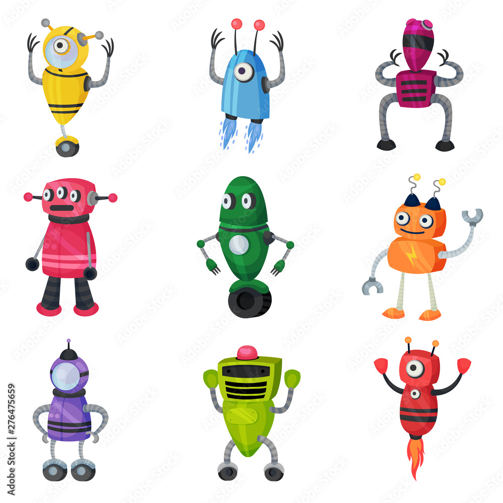 Obraz premium Set of cute multicolored robots. Vector illustration on white background.