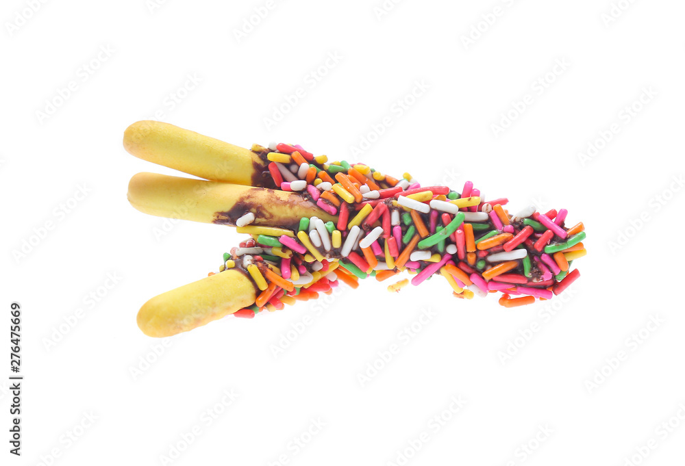 Biscuit stick bread with sweet colorful chocolate isolated on white background Biscuit stick bread with sweet colorful chocolate isolated on white background