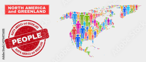Demographic North America and Greenland map illustration. People bright mosaic North America and Greenland map of men, and red rounded textured stamp. Vector collage for national public report.