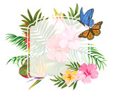  Background with tropical leaves, flowers and butterflies