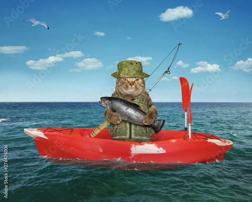 The cat fisherman in uniform with a fishing rod is drifting in the red plastic boat in the sea. He holds a big fish. photo