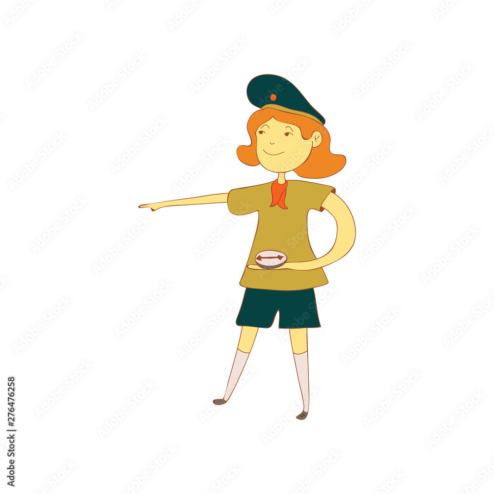 Girl scout with a compass in his hands. Vector illustration on white background. Girl scout with a compass in his hands. Vector illustration on white background.