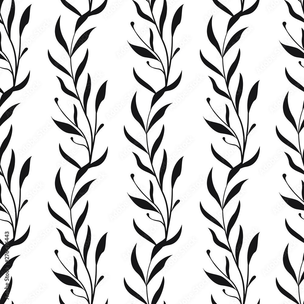 Vector seamless floral pattern. Vertical  branches with leaves. Simple design for fabrics, wallpapers, textiles, web design. Isolated on white.