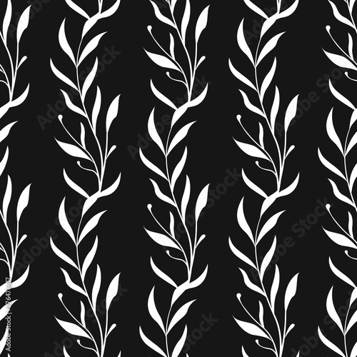 Vector seamless floral pattern. Vertical branches with leaves. Simple design for fabrics, wallpapers, textiles, web design.