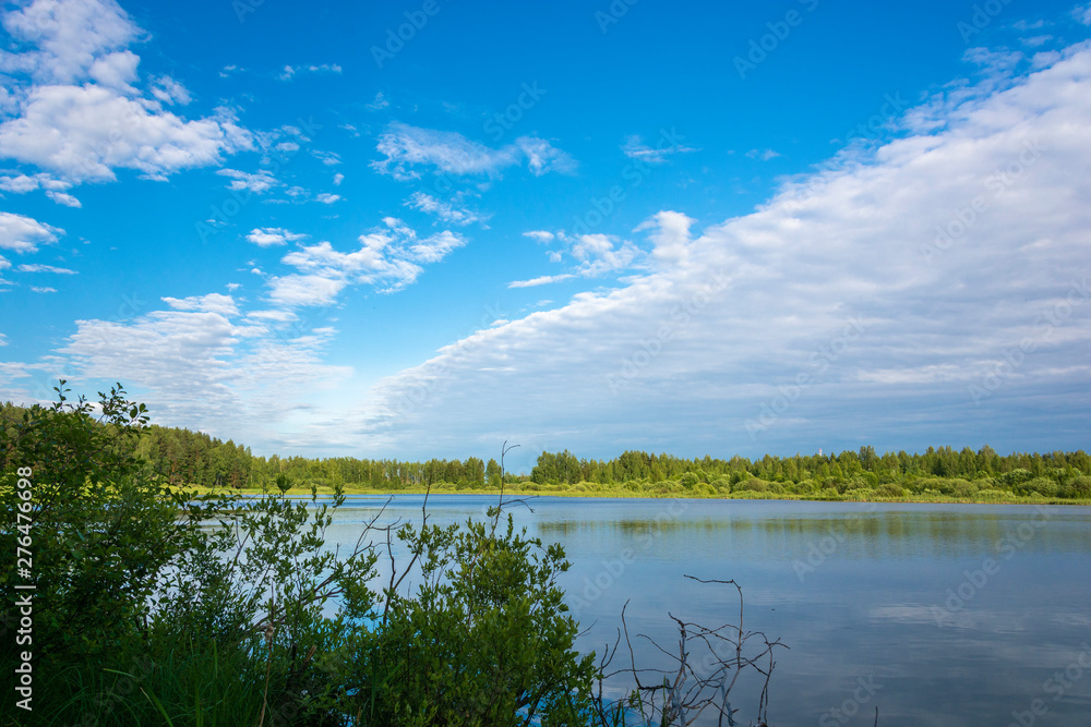 A small lake on overgrown shores and a beautiful cloudy sky.