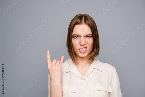 Wallpaper Mural Close up photo amazing crazy she her lady facial expression impolite childish rocker sign symbol visit favorite group concert overjoyed horned wear casual white shirt isolated grey background Torontodigital.ca