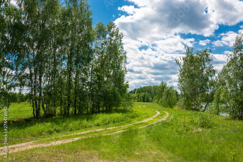 A winding dirt road by the river on a sunny summer day.