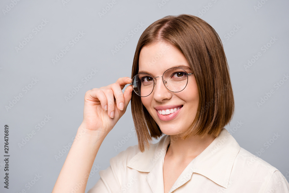 Close up photo amazing beautiful attractive she her business lady chief attorney lawyer clerk broker positive friendly look partners colleagues wear specs casual white shirt isolated grey background
