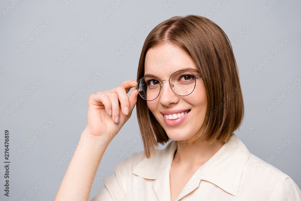 Close up photo amazing beautiful attractive she her business lady chief attorney lawyer clerk broker positive friendly look partners colleagues wear specs casual white shirt isolated grey background Close up photo amazing beautiful attractive she her business lady chief attorney lawyer clerk broker positive friendly look partners colleagues wear specs casual white shirt isolated grey background
