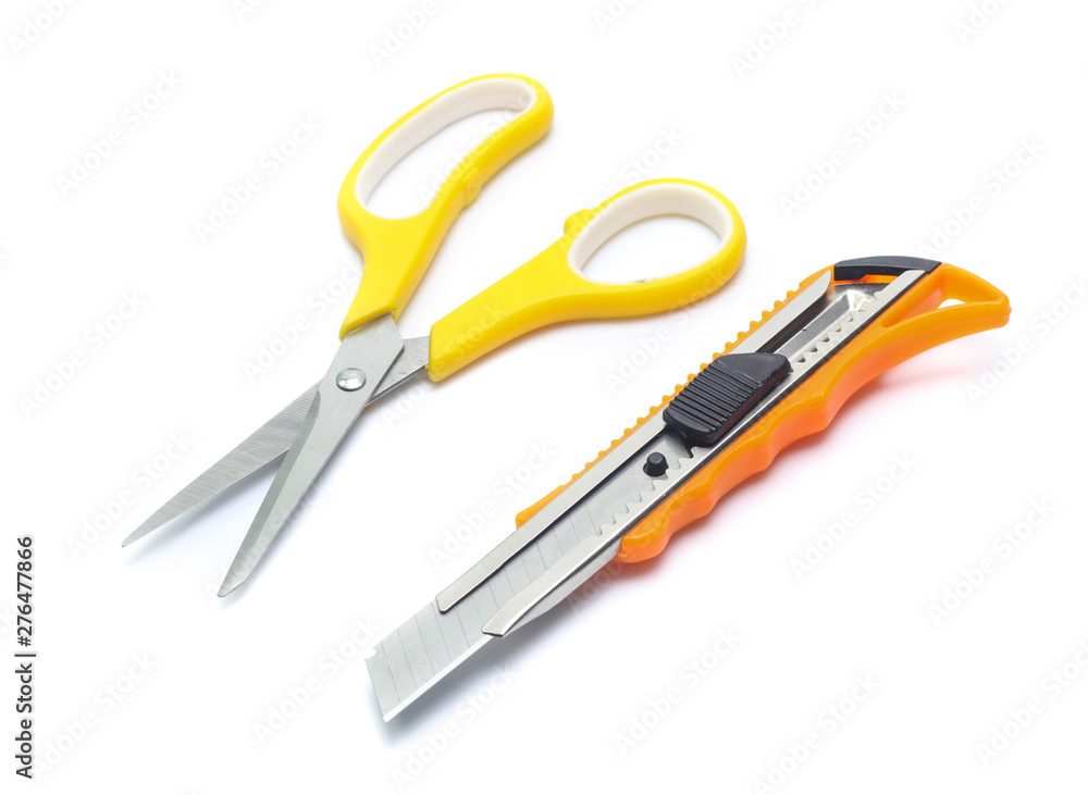 yellow scissors and cutter isolated on White Background yellow scissors and cutter isolated on White Background