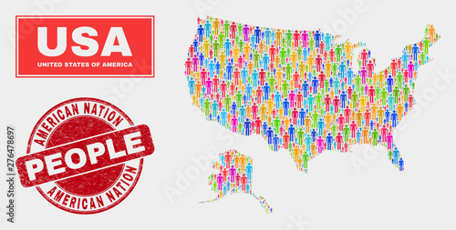 Demographic USA with Alaska map abstraction. People color mosaic USA with Alaska map of persons, and red round dirty stamp. Vector collage for nation public representation.