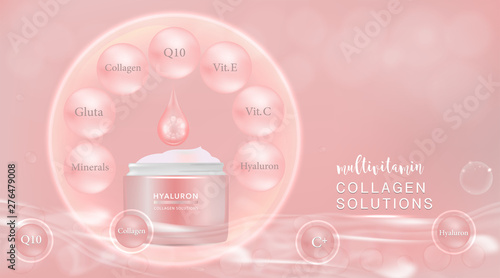 beauty product ad design, pink cosmetic container with multivitamins collagen solution concept advertising background ready to use, luxury skin care banner, illustration vector.