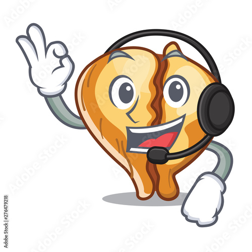 With headphone tortellini in the a character bowl