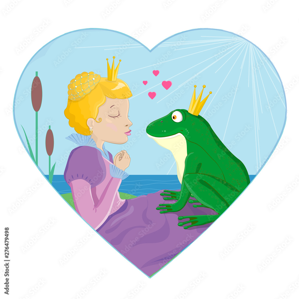 Obraz premium Princess kissing a frog with crown vector illustration