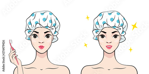 Dental care. Beautiful young woman in shower cap with toothbrush and toothpaste isolated on the white background. Vector illustration in cartoon style