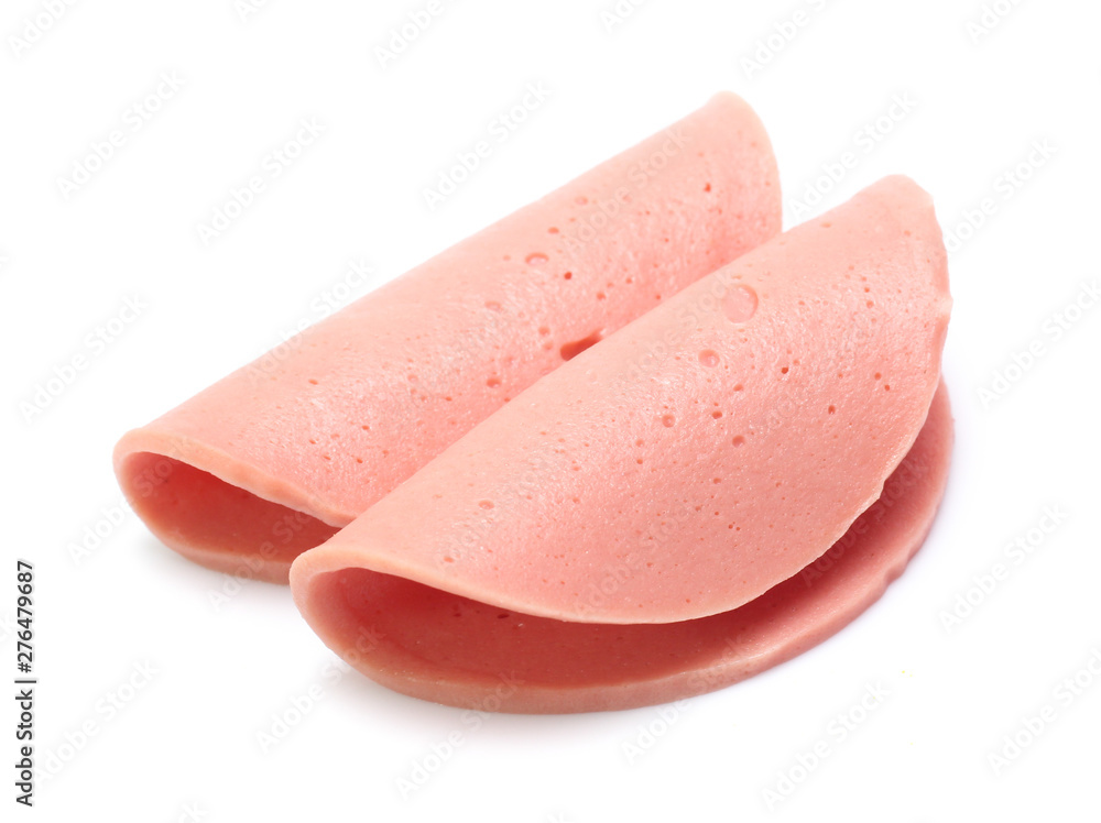 Boiled sausage slices isolated on white Boiled sausage slices isolated on white