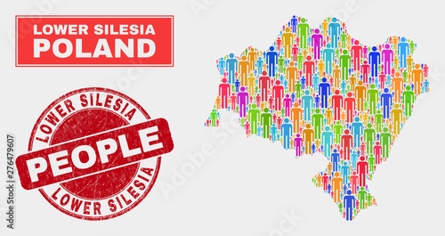 Demographic Lower Silesia Province map abstraction. People bright mosaic Lower Silesia Province map of men, and red round textured seal. Vector collage for nation group presentation. © Evgeny