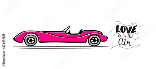 Pink just married retro car. Inscription Love is in the Air. Vector illustration