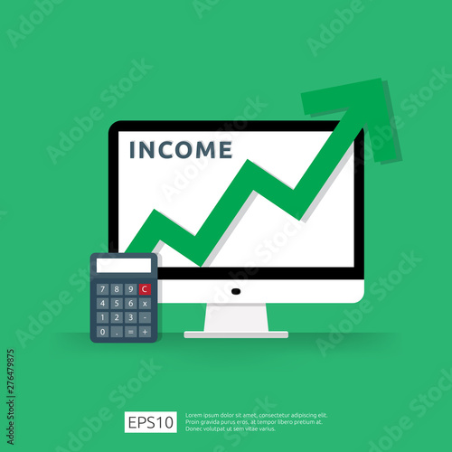 salary rate increase. Finance income performance of return on investment ROI concept with arrow. business profit growth margin revenue. cost sale icon. dollar symbol flat style vector illustration