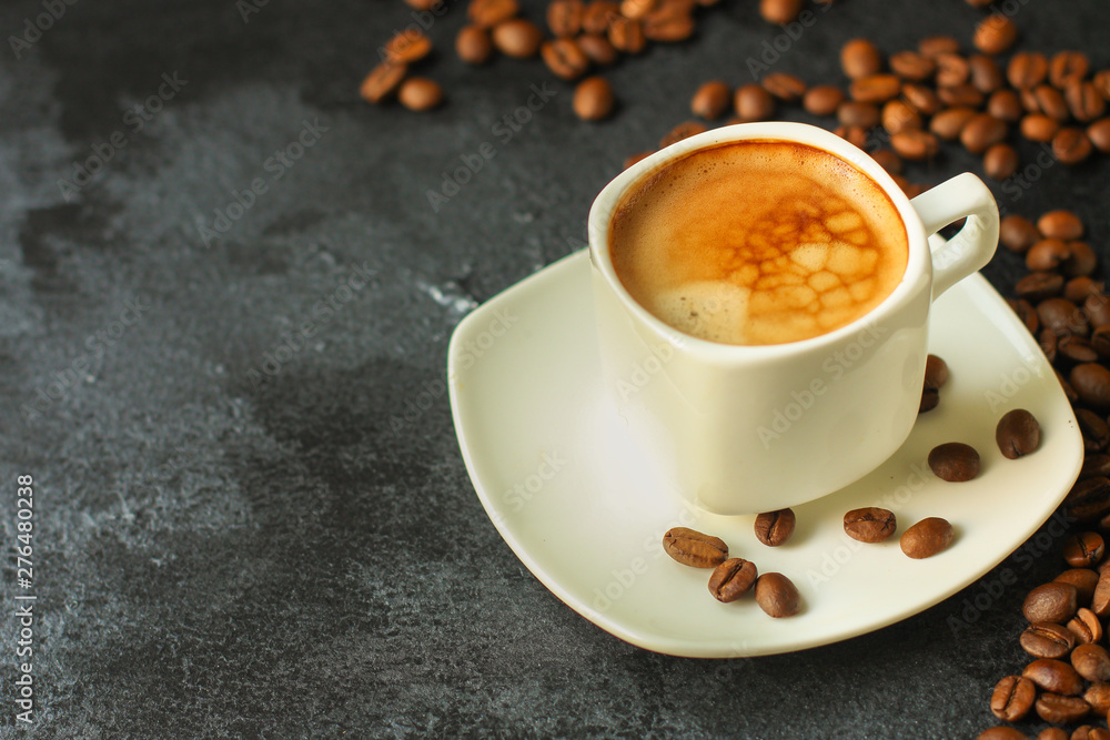 coffee drink and coffee grain. top view. copy space coffee drink and coffee grain. top view. copy space