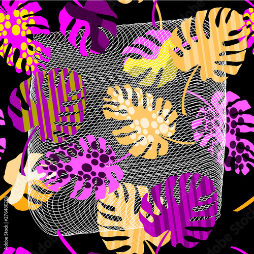 Hand-drawn tropical pattern. Square flower arrangement with tropical leaves. Background for printing on scarves, postcards, carpets, bandanas, napkins, home textiles, pareos, hijab, covers.