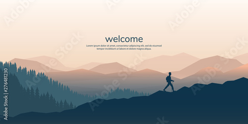 The traveler goes to the mountains with a backpack. Vector illustration photo