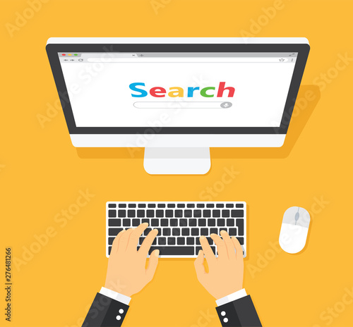 Workplace with computer search window on screen top view. Flat style - stock vector.