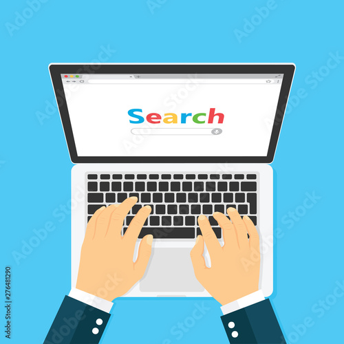 Workplace with laptop search window on screen top view. Flat style - stock vector.