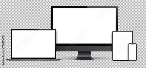 Realistic set of Monitor, laptop, tablet, smartphone dark grey color - Stock Vector.