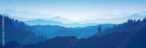 The traveler goes to the mountains with a backpack. Vector illustration