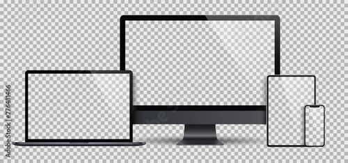 Realistic set of Monitor, laptop, tablet, smartphone dark grey color - Stock Vector. photo