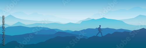 The traveler goes to the mountains with a backpack. Vector illustration