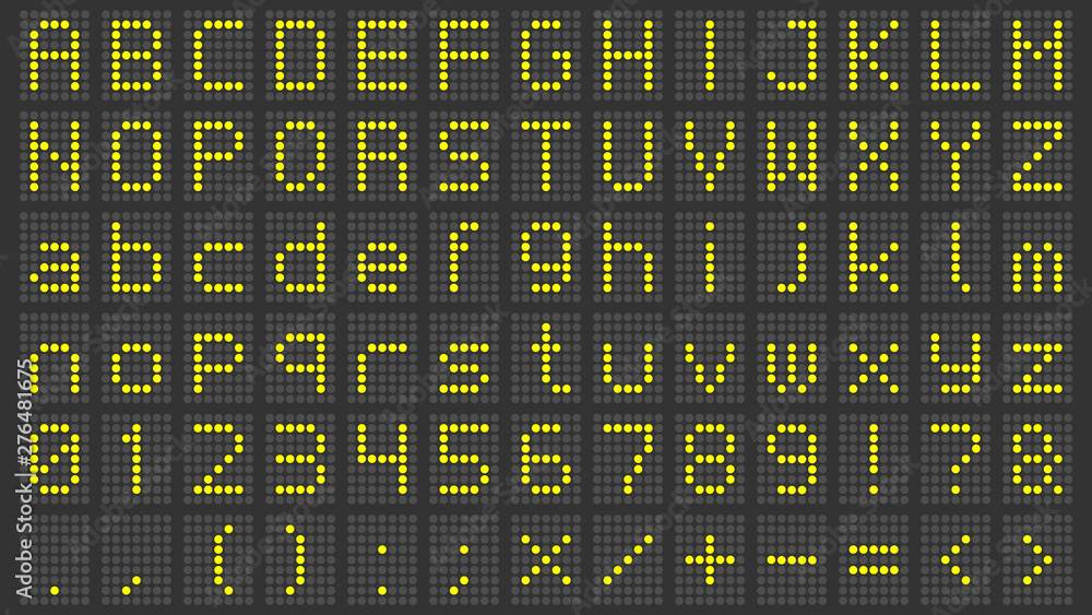 Led display font. Digital scoreboard alphabet, electronic sign numbers and  airport electric screen letters. Train abc billboard screen, information  panel board or matrix vector symbols set Stock Vector | Adobe Stock