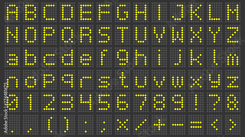 Led display font. Digital scoreboard alphabet, electronic sign numbers and airport electric screen letters. Train abc billboard screen, information panel board or matrix vector symbols set photo