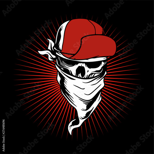 skull wearing cap and bandana..vector hand drawing,Shirt designs, biker, disk jockey, gentleman, barber and many others.isolated and easy to edit. Vector Illustration - Vector